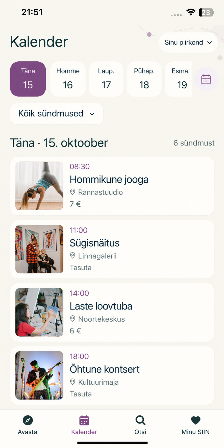 SIIN app calendar view: days of the week, filters and upcoming events